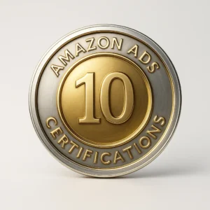 Medalla dorada y plateada que representa 10 certificaciones oficiales en Amazon Ads de Roncier Consulting
