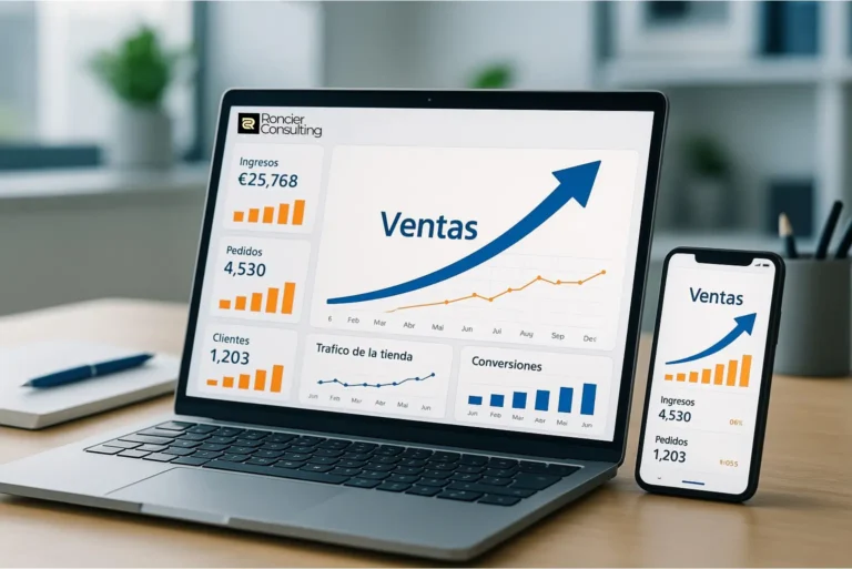 Laptop sobre escritorio moderno mostrando gráficas de ventas ascendentes con el logo de Roncier Consulting en pantalla