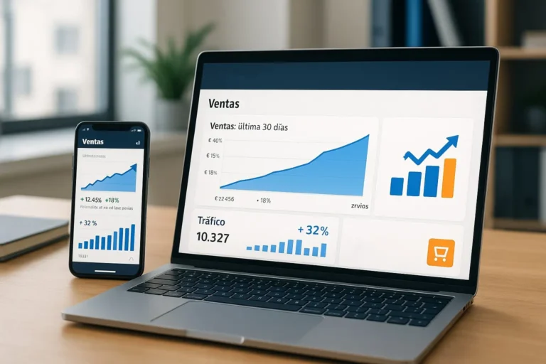 Dashboard simulado de agencia Roncier Consulting mostrando gráficas de crecimiento en ventas Amazon PPC para pymes
